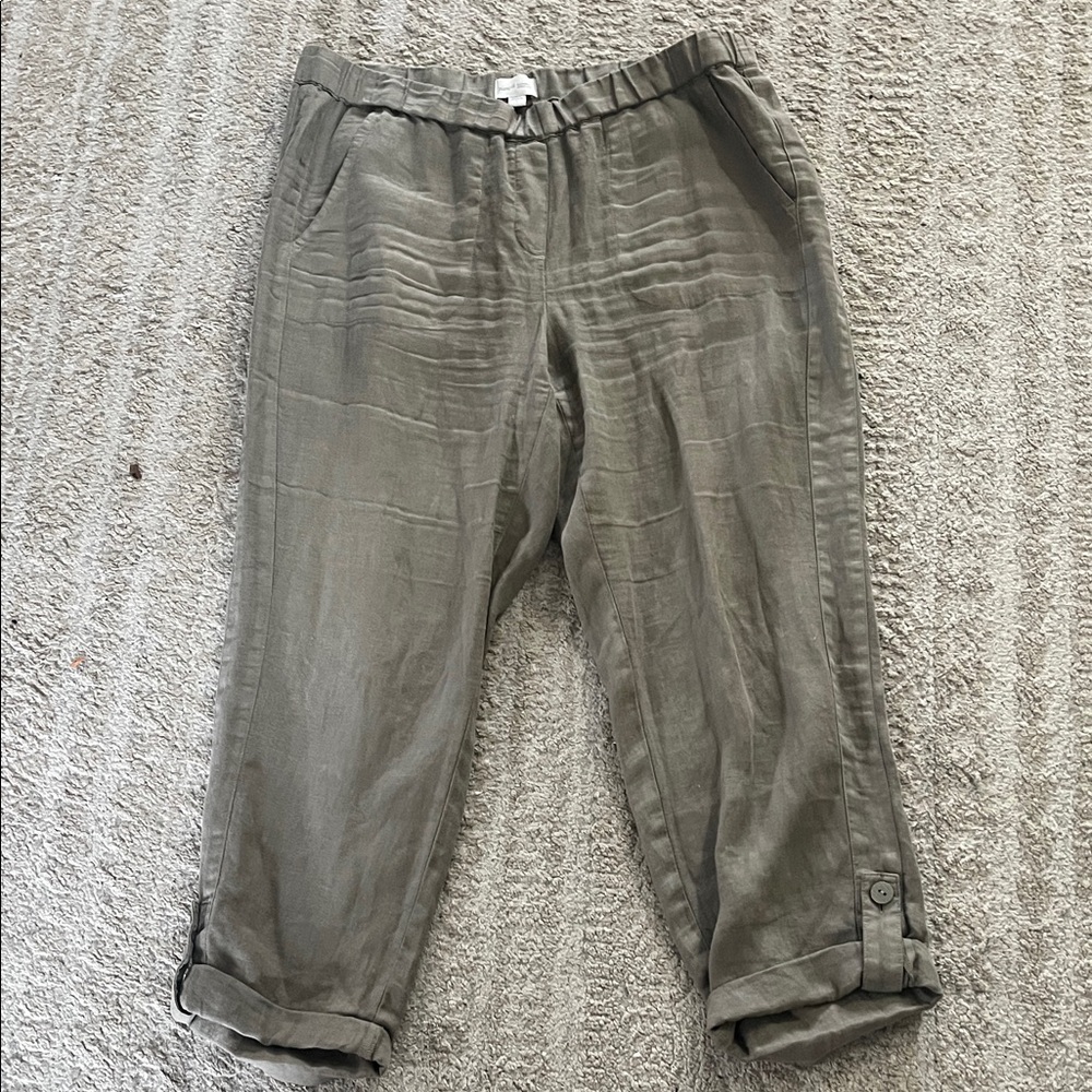 Pure Jill Relaxed 100% Linen Olive Green Pull On Cropped Pants Medium